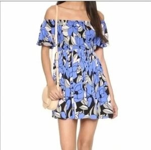 Free People Louise Floral Off The Shoulder Smocked Bodice Mini Dress L Blue